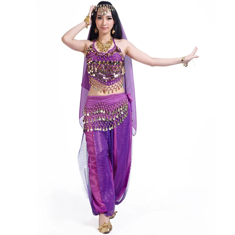 1set/lot belly dance costumes women  indian egyptian belly dress dance coin bra sequin pants waistchain and headwear