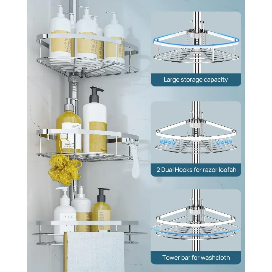 Organizador de canto de chuveiro à prova de ferrugem para banheiro, 4 prateleiras ajustáveis com poste de tensão