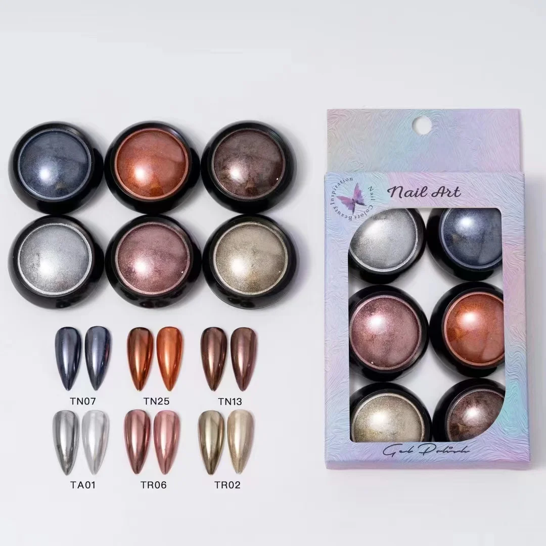 Pó Espelho Mágico para Nail Art, Ouro, Prata, Antiguidade, Cobre, Esfregando Brilhante, Glitter, Flocos de Pigmento, Metálico, Cromo, 6 Pcs