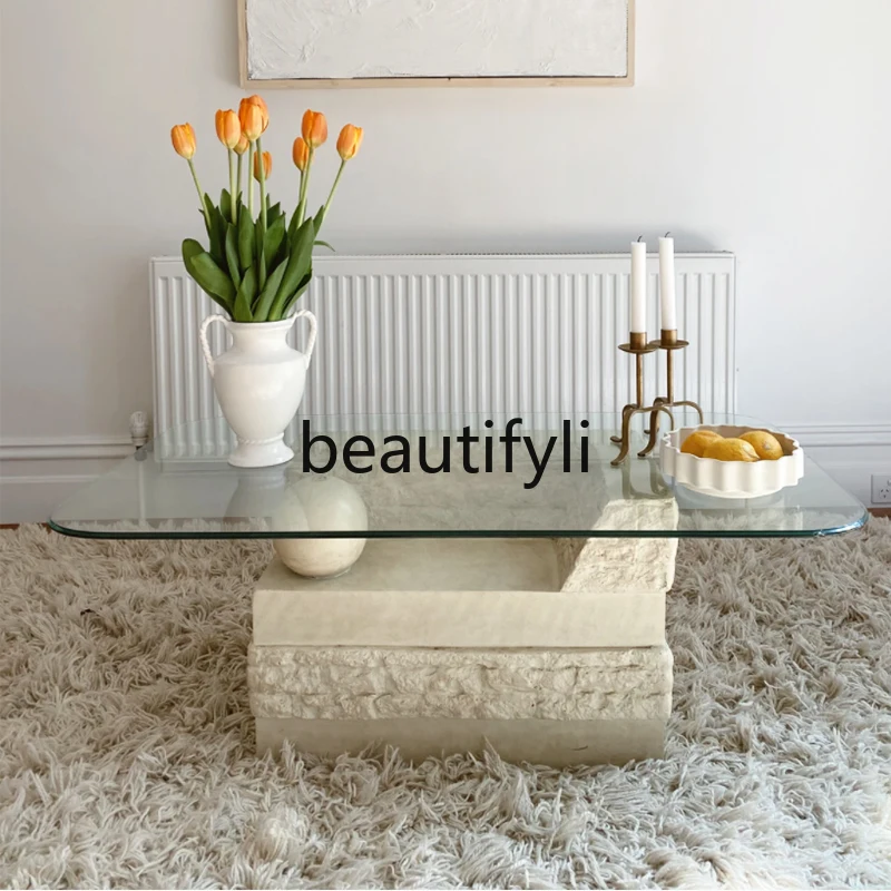 Living room light luxury travertine tea table designer small apartment tea table