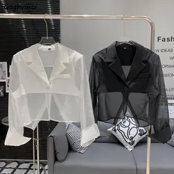 Long Sleeve Shirts New Fashion Korean Thin Summer Sexy Patchwork Elegant Notched Design Baggy All-match Simple Cozy Sun-proof