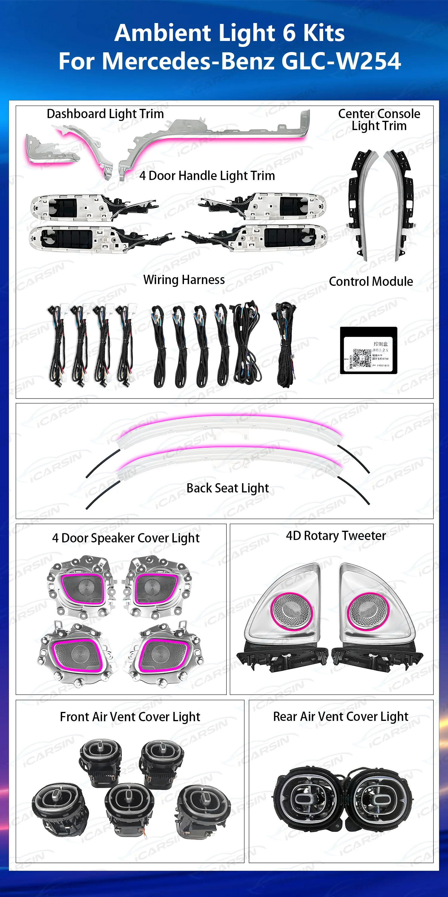 

Hot Upgrade 64 Colors LED Car Interior Ambient Lighting Kit for Mercedes Benz GLC -W254 W206 2022+ Atmosphere Strip Accessories