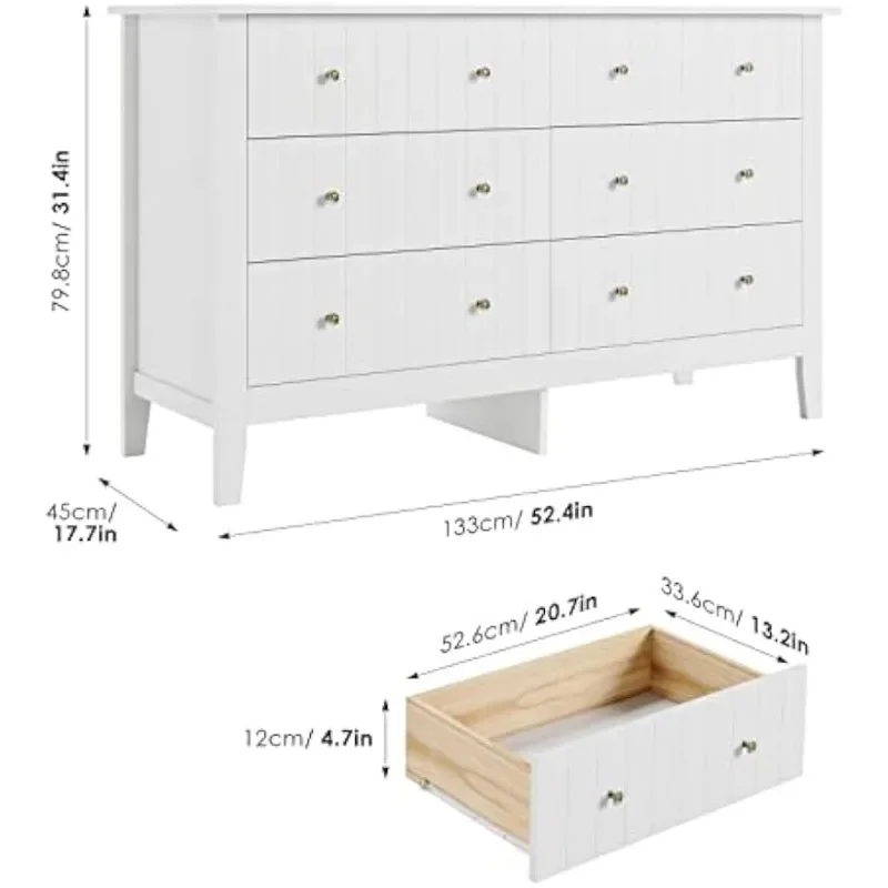 Cômoda branca Peito de gavetas, Modern 6 Drawer Double Dresser, Wide Storage Organizer Cabinet for Living Room and Hallway