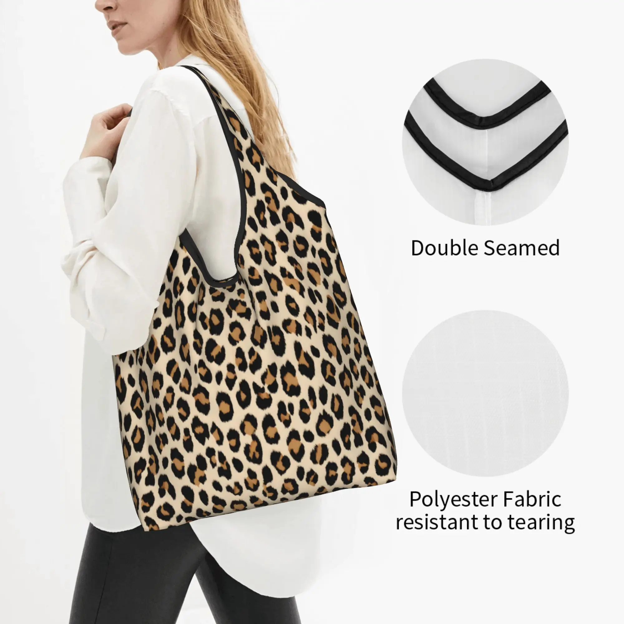 Custom Leopard  Pattern Cheetah Spots Animal Groceries Shopping Bags Shopper Tote Shoulder Bags Large Capacity Portable  Handbag