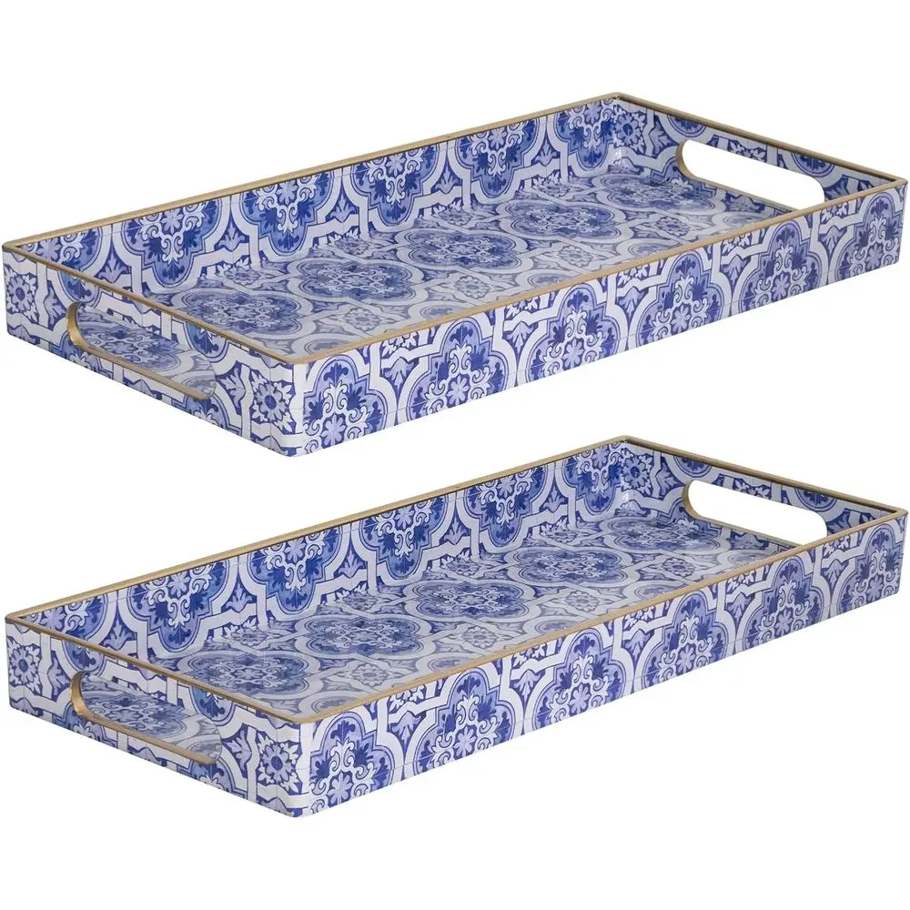

Blue Vanity Tray Set o 2, Plastic Decorative Trays with Handles, Small Moroccan Bathroom Trays or Toilet Tank, Drer Counter