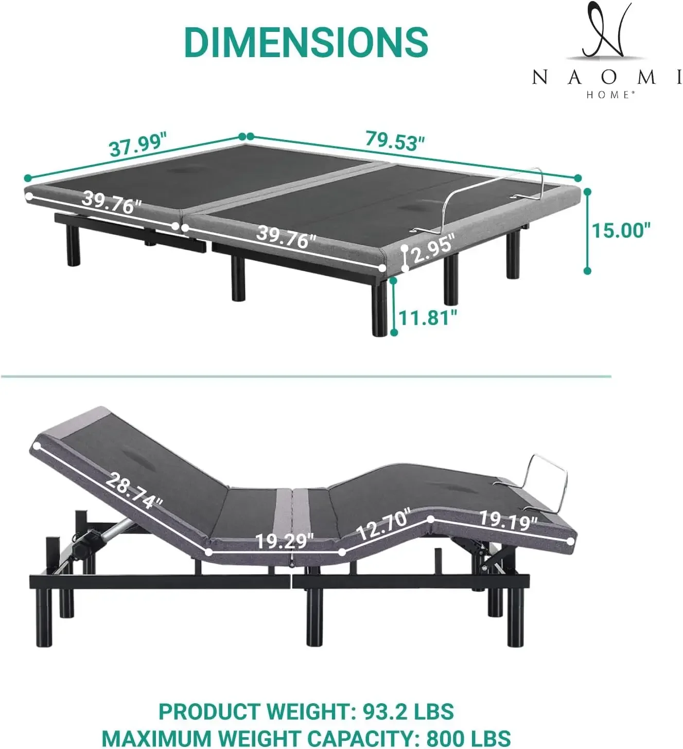 adjustable bed frame twin with Lumbar Support & Head Tilt, Foot Incline, Back & Leg Massage, USB Ports, Massage