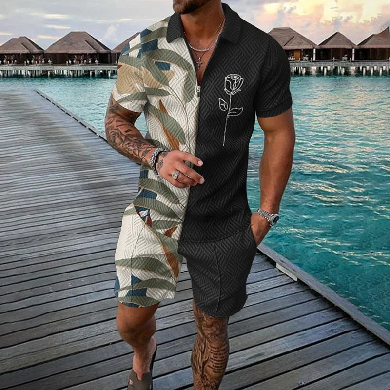 Mode Herren anzug Reiß verschluss Polos hirt Shorts Hosen zweiteiliges Set Kokosnuss baum Streifen 3D-Druck lässig Männer Kleidung Trainings anzug Set