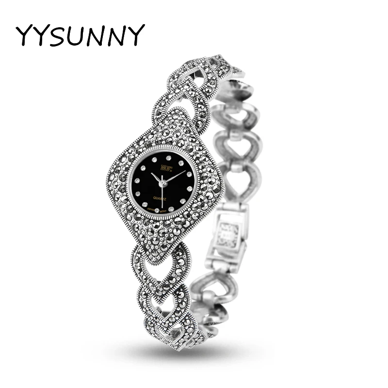 YYSUNNY Fashion Women Rhombus Wrist Watch Round Dial S925 Sterling Silver Strap Ladies Elegant Bracelet Jewelry