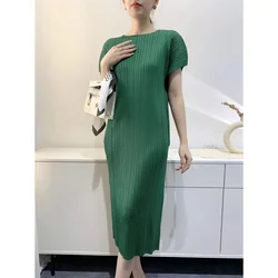 2024 Summer Elegant Solid Color Loose Dress Miyake Pleated O-neck Short Sleeve female Mid-length Evening prom Dresses for Women