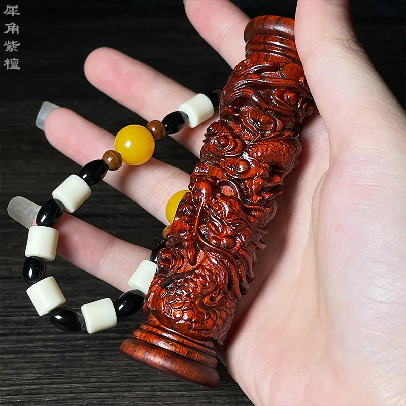 

Rhino Horn High-Density Rosewood Pixiu Handheld Ornament Dragon Coiled Column Craft Small Item Wholesale Handheld Gift Natural M