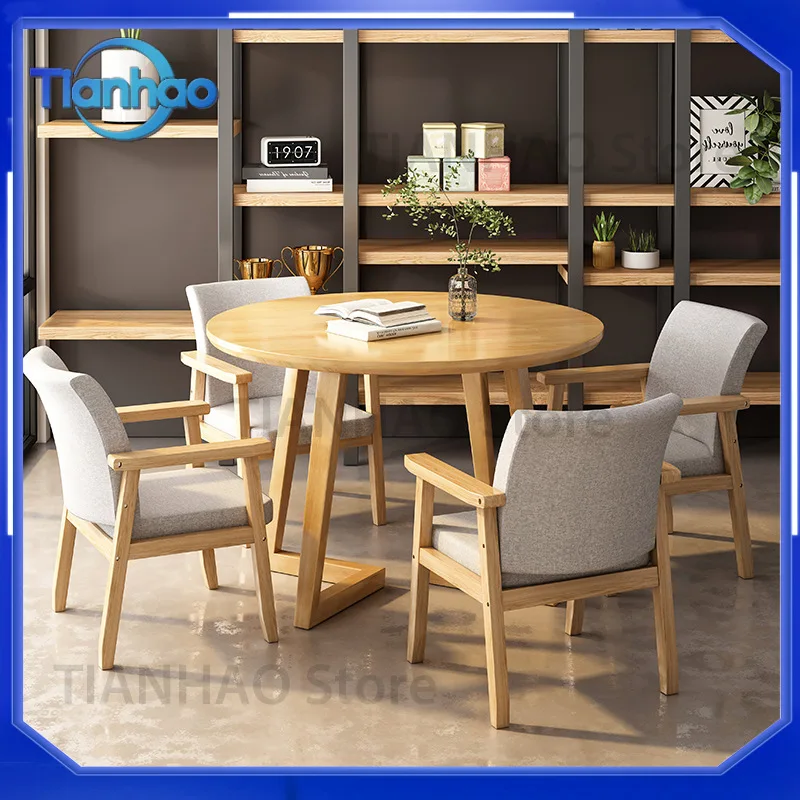 Round Solid Wood Table for Meeting Reception Dining Home Use Modern Minimalist Casual Cafe Tea Shop Table and Chair Set