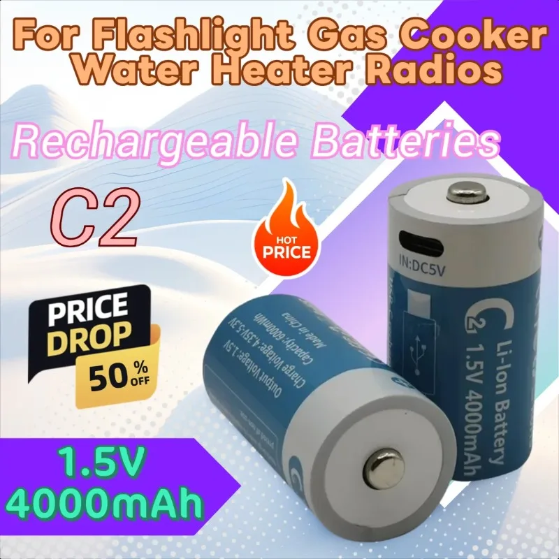 

C2 Size 1.5V 4000mAh Battery Lithium USB Rechargeable Batteries for Flashlight Gas Cooker Water Heater Radios
