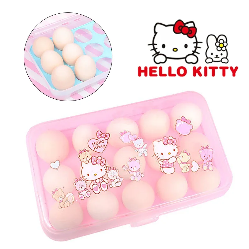 Hello Kitty 15 Grid Egg Storage Box frigorifero Storage Organizer Cartoon trasparente Kitchen Egg Holder Egg Box Kitchen Gadget