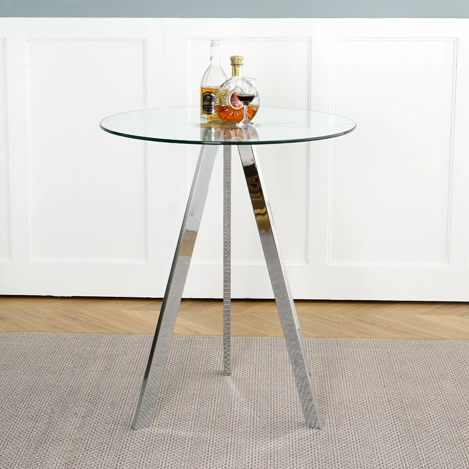 

Modern Kitchen Glass dining table ROUND Tempered Glass BAR Table top,Clear BAR Table Metal Legs,electroplated legs (set of 1)