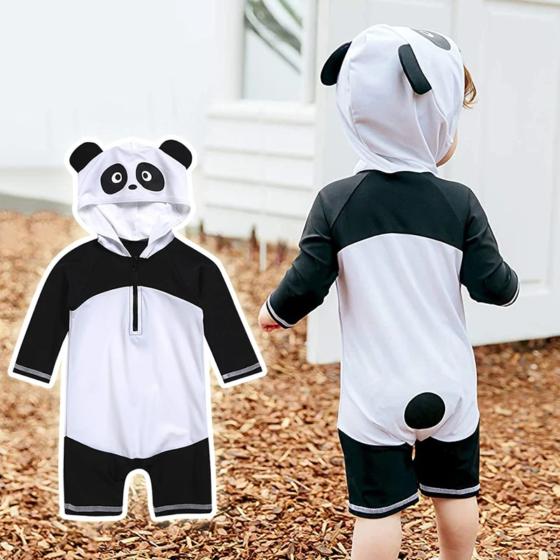 Cute Panda Style 1-7Y Baby Children One Piece Swimwear Swimsuit Hoodie Boys Girls Long Sleeve Sunscreen Beach Wear Bathing Suit