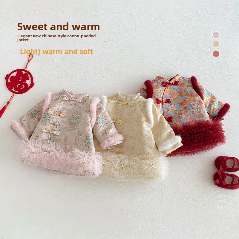 

Модная новогодняя одежда для девочек, новинка 2025 года, зимнее детское плотное хлопковое платье с подкладкой, детское зимнее платье в стиле ретро