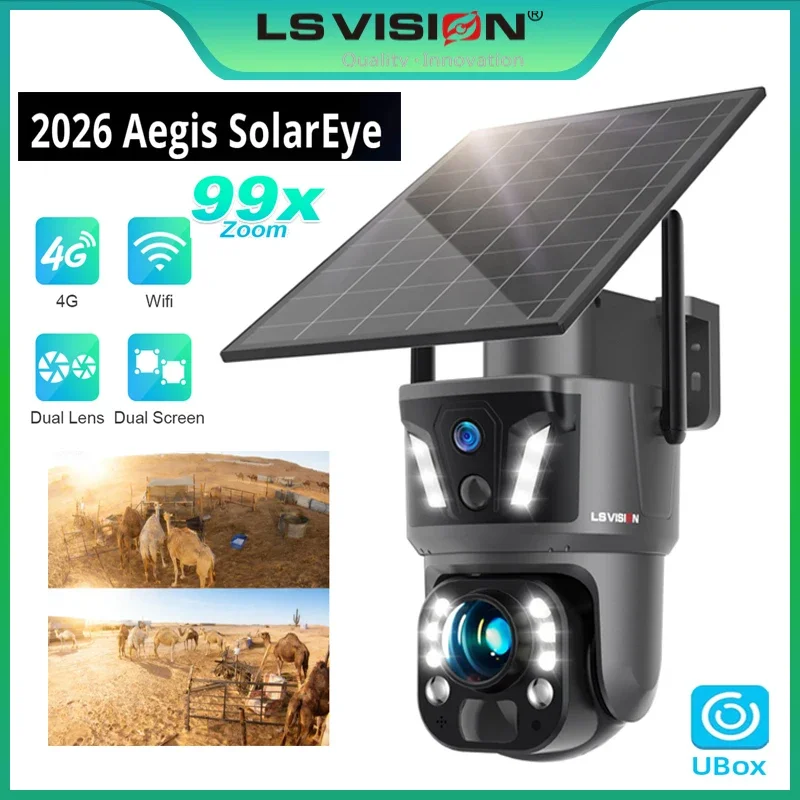 LS VISION 8MP 3-Lens Dual-Screen Solar PTZ Camera 99X Zoom  10400mAh Battery PIR AI Human Detection Auto Tracking  Cctv  IP66