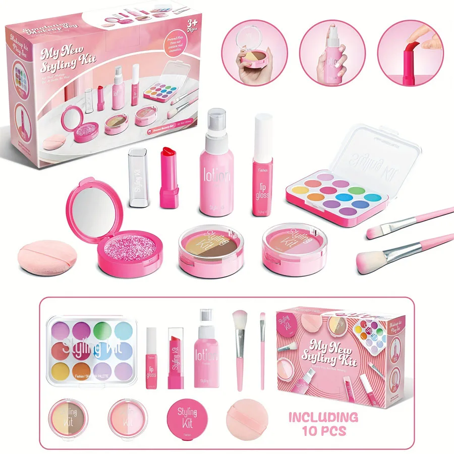 Juego de juguetes de maquillaje para niños, caja de maquillaje de belleza simulada, sin manchas, sin líquido, juego no tóxico de 10 piezas (maquillaje no Real)