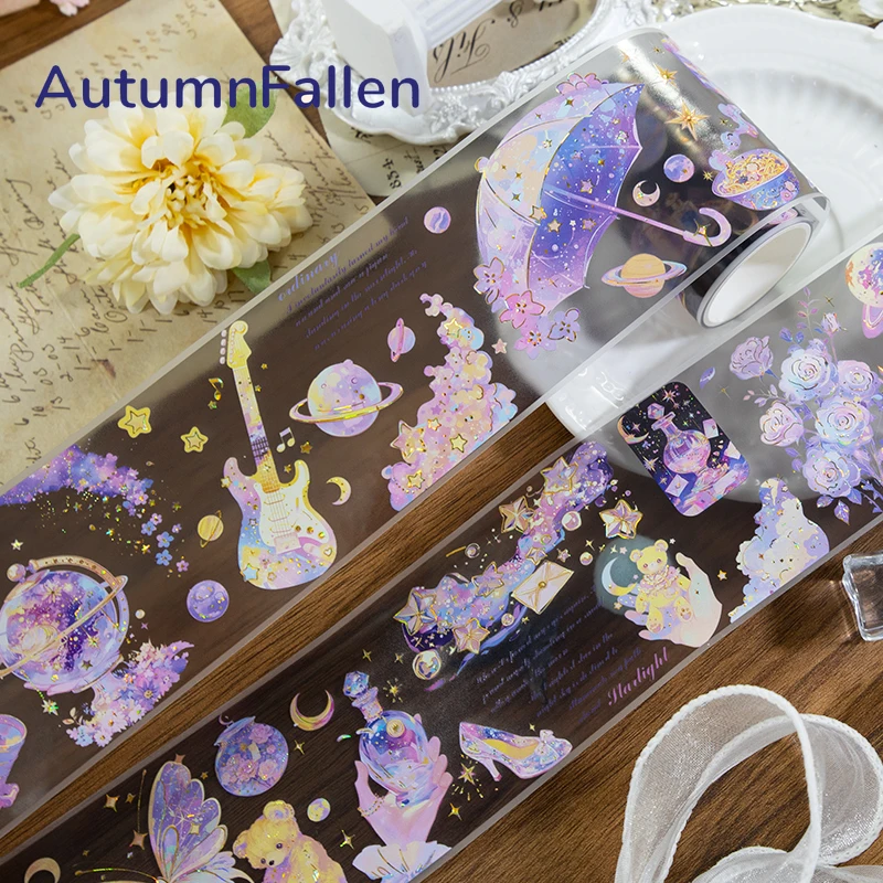 2m/Roll Matte Laser Golden Stars PET Washi Tape Flowers Transparent Stickers Decorative Tape For Scrapbooking Collage Material
