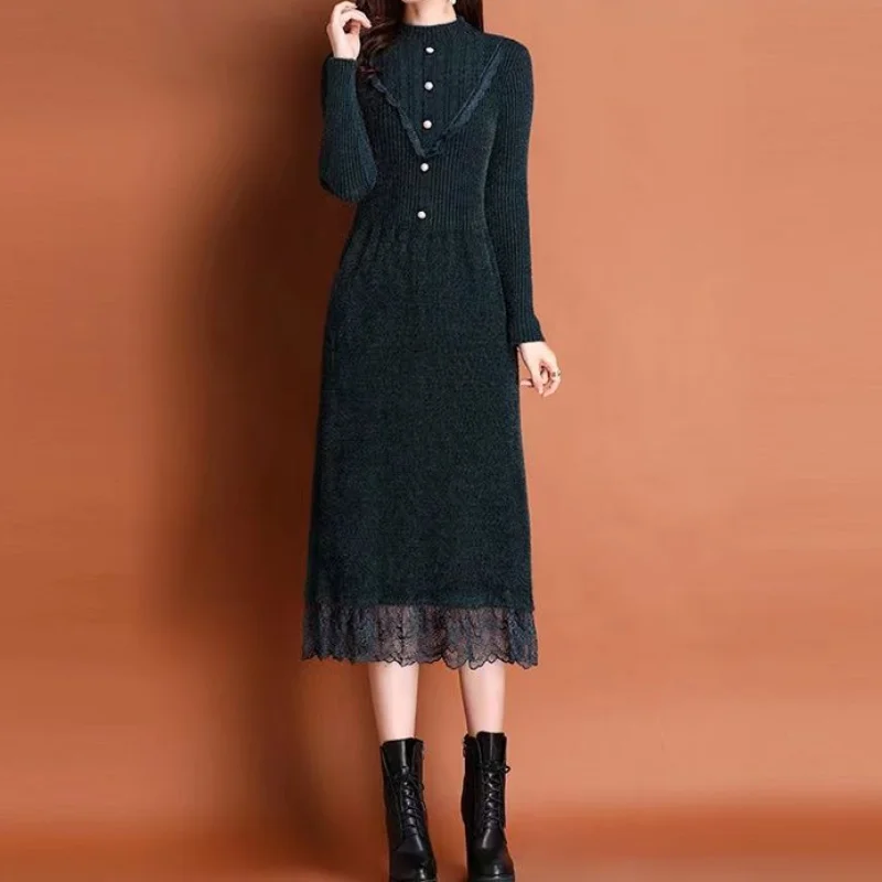 Women Autumn and Winter Korean New Fashion Elegant Half High Collar Sweater A-line Skirt Lace Button Spliced Long Sleeves Dress