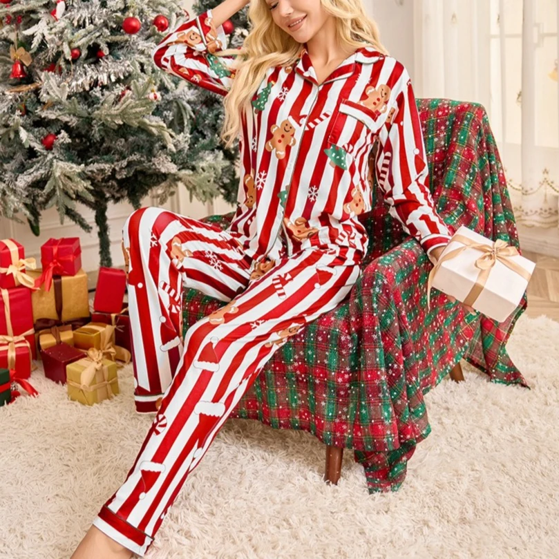 

autumn Tops and Pants Loose 2 Piece Christmas Pajamas Women Lounge Set Colorful stripes Christmas hat printed Loungewear Outfits