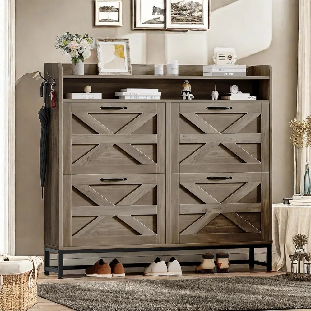 Farmhouse Shoe Storage Cabinet with 4 Flip Drawers for 24 Pairs, Stable and Sturdy, Hassle-free Assembly, Shoe Rack