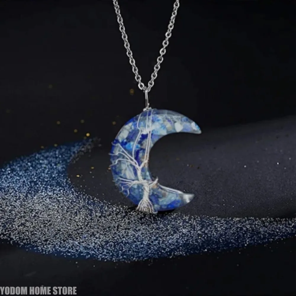 Tree of Life Wrapped Moon Pendant Necklace Healing Resin Imitation Quartz Jewelry Gift