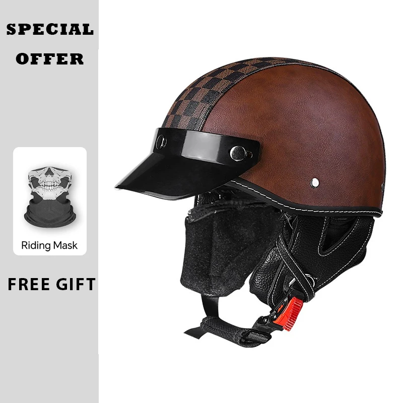 

Brown Grid Half Helmet Leather Men Women Half Face Motorcycle Helmets Electric Cruiser Lightweight Small Shell DOT Approved