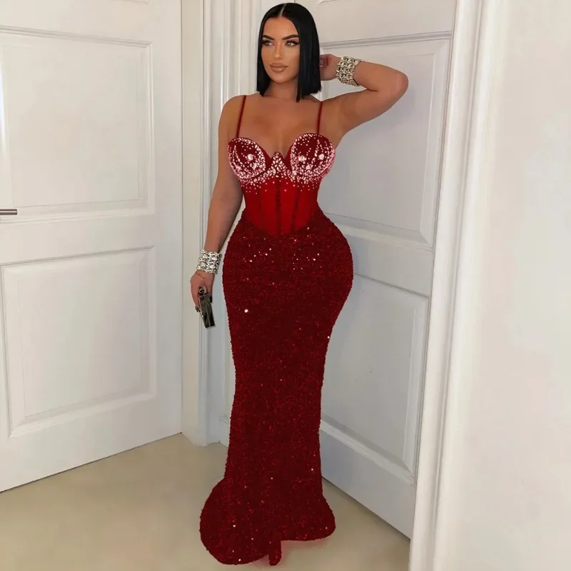 Women Sexy Sheer Mesh Patchwork Velvet Sequins Maxi Evening Party Dress Rhinestones Spaghetti Straps Backless Bodycon Long Robe