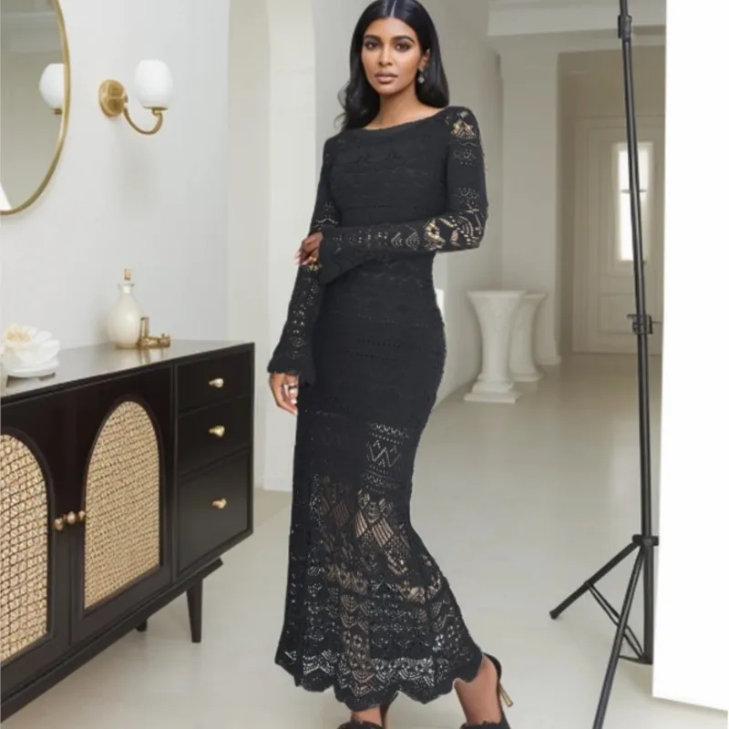 

Black knit dress summer new women's long hook flower dress long sleeves