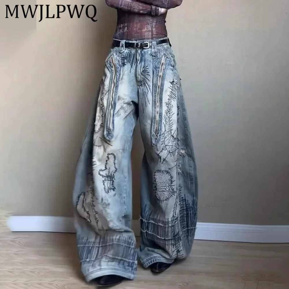 Джинсы MWJLPWQ в американском стиле с эффектом потертости и изогнутым кроем, унисекс, весна 2026, уличный стиль, с произвольной строчкой, оверсайз, модель 14851
