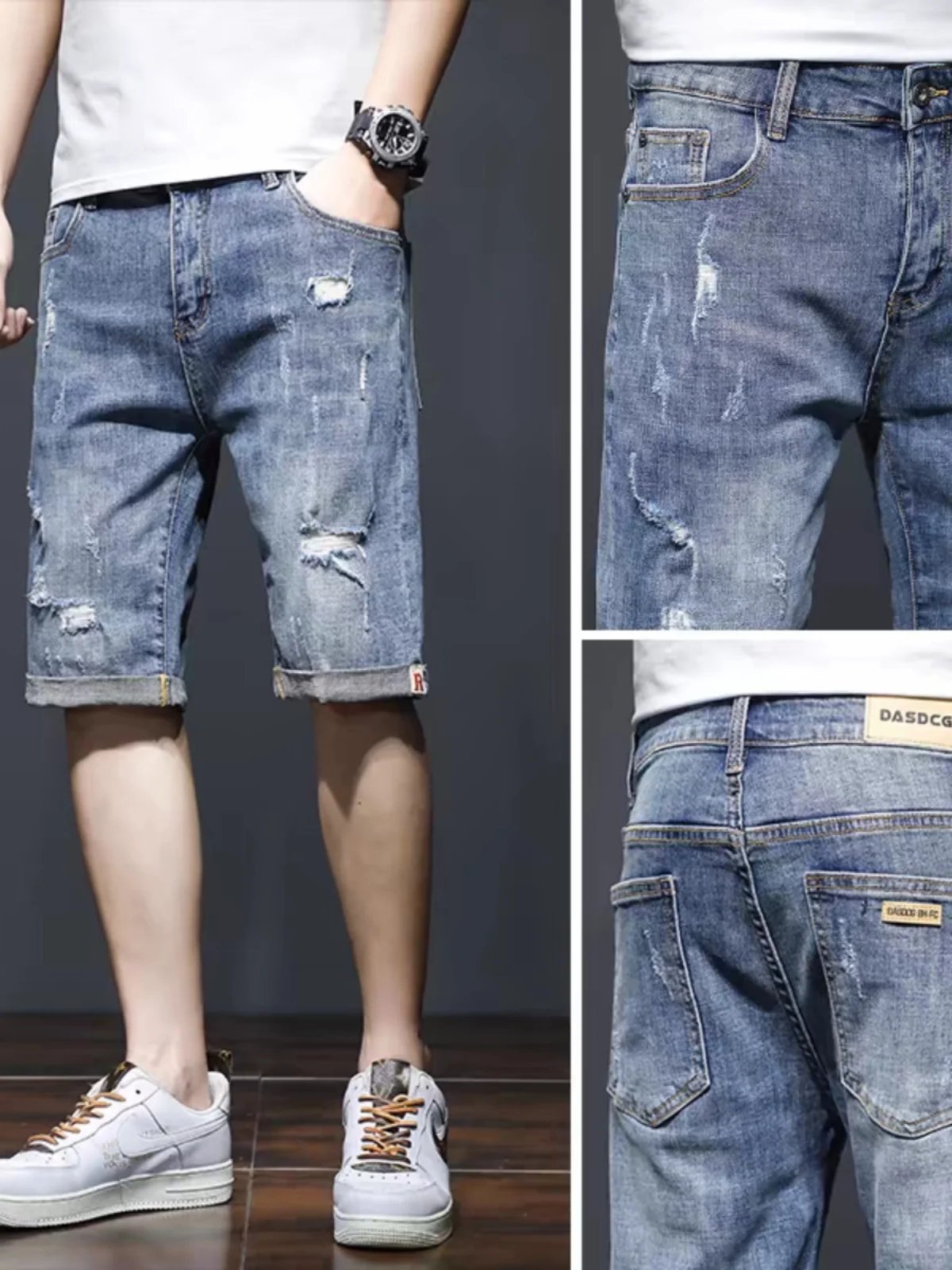 

Мужские летние тонкие джинсы свободного покроя, эластичные повседневные брюки с пятью точками со средней талией, молодежные модные хлопковые эластичные джинсы