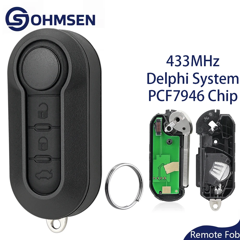 

OHMSEN Car Remote Flip Key Fob 3 Button 433Mhz Delphi System For Fiat 500 Grande Punto Doblo PCF7946 Chip