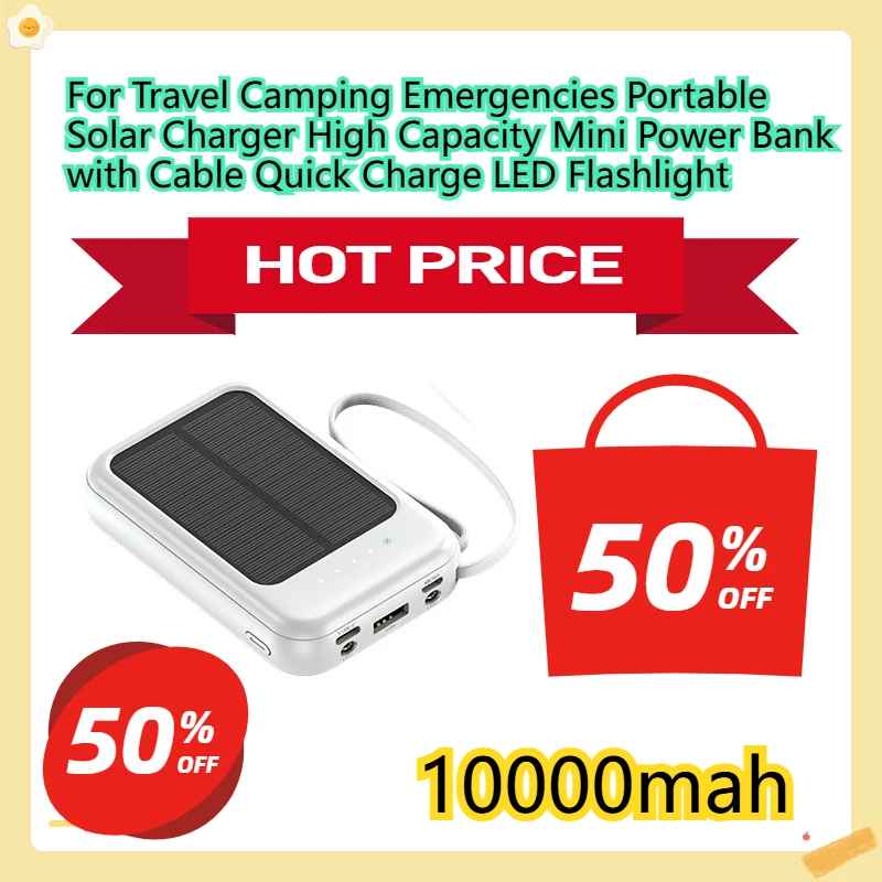

For Travel Camping Emergencies Portable Solar Charger High Capacity Mini Power Bank with Cable Quick Charge LED Flashlight