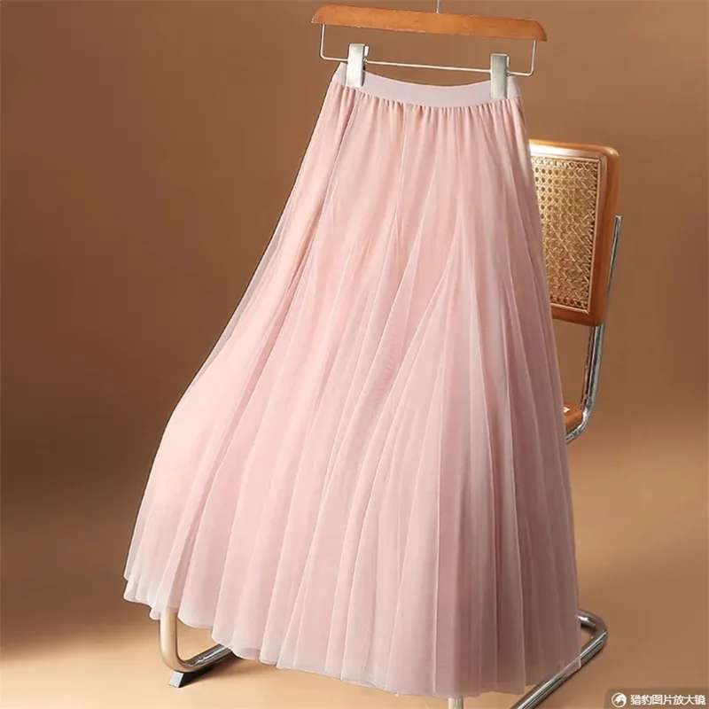 Vintage Tulle Skirt Women Streetwear Elastic High Waist Mesh Pleated Skirts Summer Elegant Korean A Line Office Ladies Skirt New
