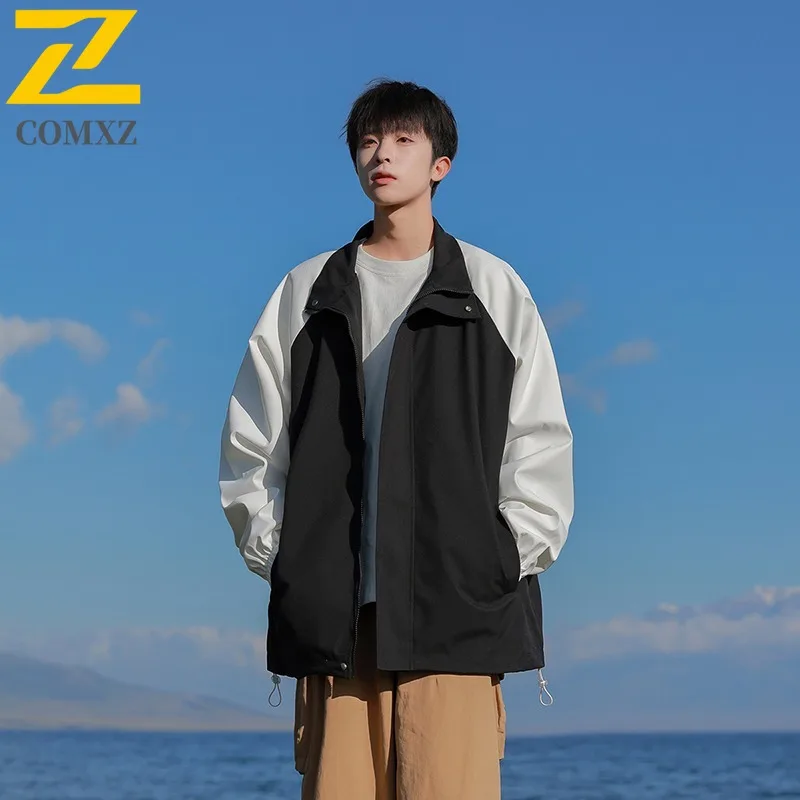

COMXZ 2025 Мужская куртка с рукавами реглан и цветными блоками, осенняя свободная посадка, повседневное ветрозащитное пальто, модная уличная верхняя одежда