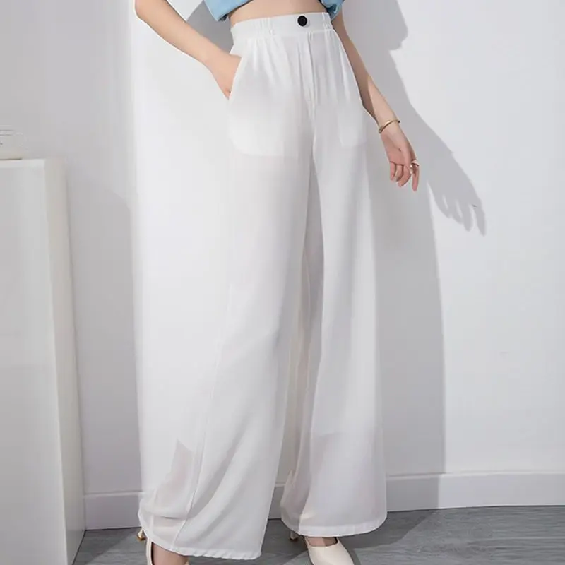 2023 Summer Commuting Simple and Fashionable High Waist Button Back Elastic Belt Solid Color Versatile Women\'s Wide Leg Pants