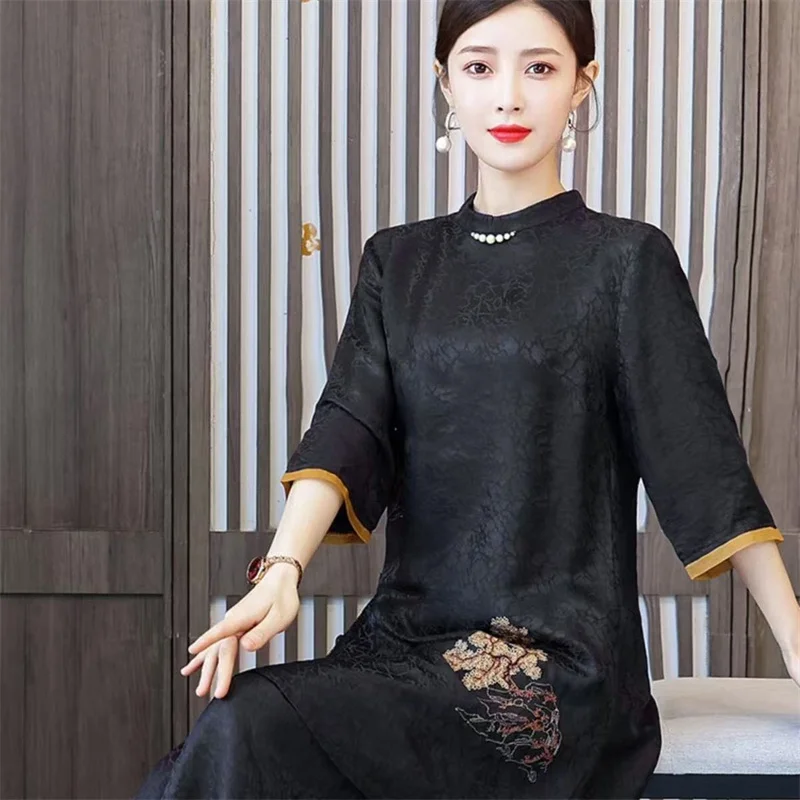 Women Large Size 6XL Embroidery 2PCS Autumn Femme Fragrant Cloud Mulberry Silk Set Lady Casual Silk Wide Leg Pants Two-piece Set