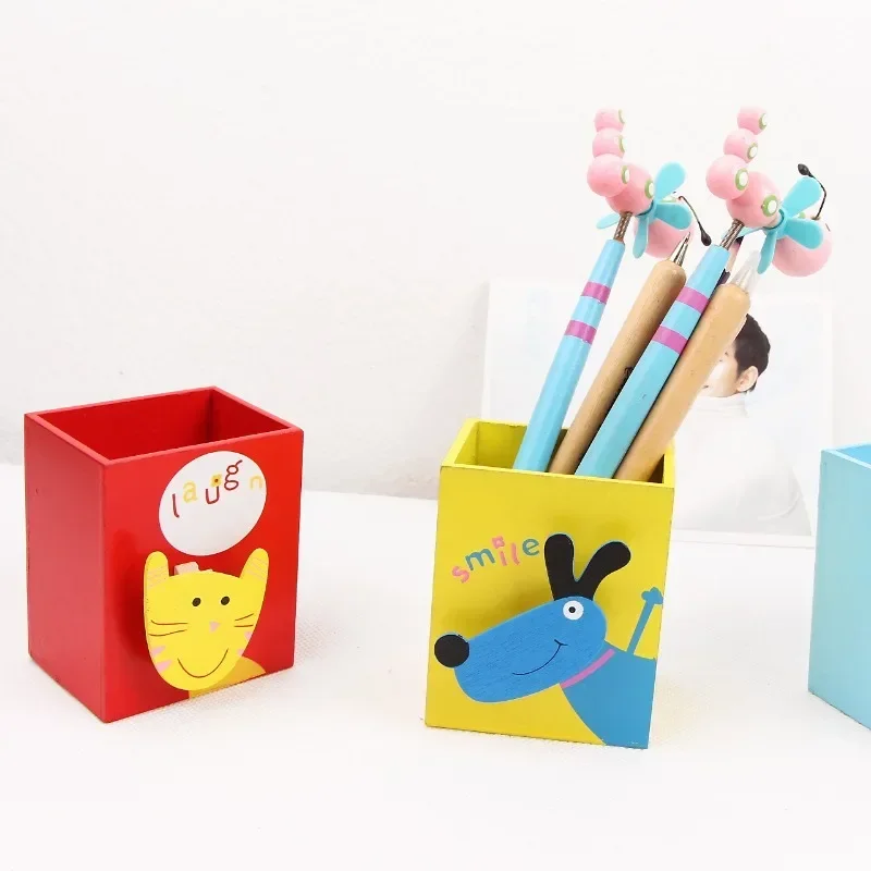 Creative Cute Cartoon Animal Series Wooden Children Pen Holder Kawaii Student Desk Organizer Office Assessories Tabletop Decor