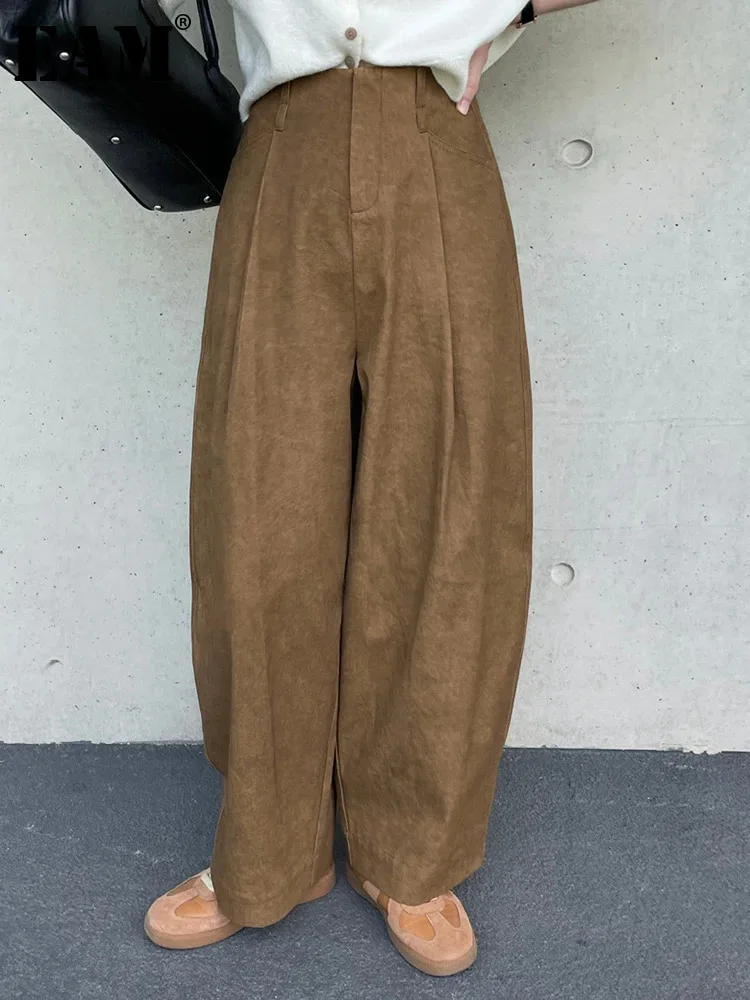 [EAM] High Elastic Waist Coffee Tie Dye Brief Long Wide Leg Pants New Trousers Women Fashion Tide Spring Autumn 2024 1DH7307