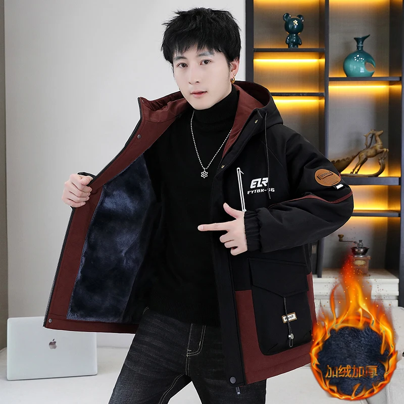 

Модные мужские флисовые и утепленные куртки с капюшоном, осень-зима 2025, теплые парки, молодежная верхняя одежда, ветрозащитные свободные плюшевые стеганые пальто