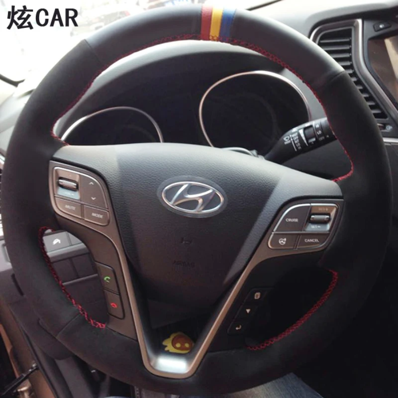 For Hyundai Santa Fe 2013-2015 Hyundai ix45 Hand Stitched non-slip black Genuine Leather suede Car Steering Wheel Cover