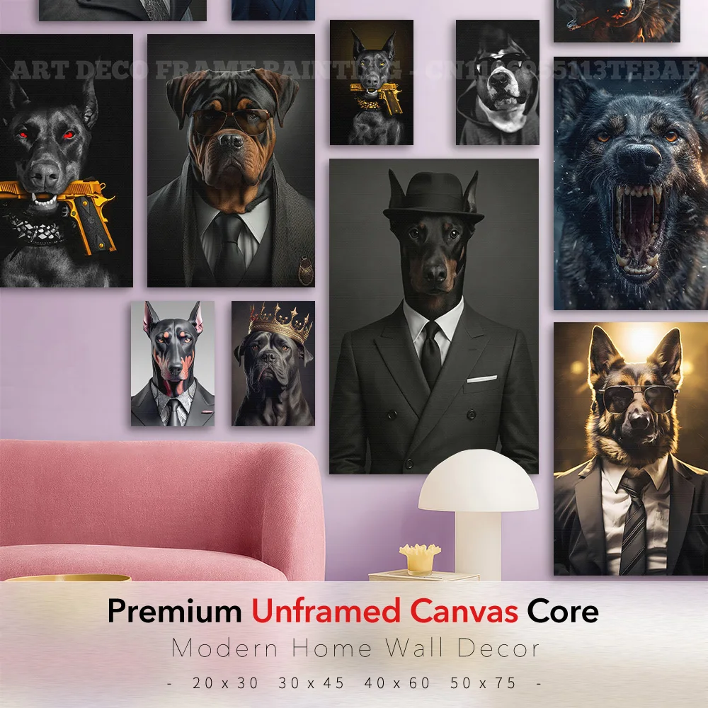 Mafia Dog Canvas Poster Dark Pet Portrait Wall Art Doberman Rottweiler Boxer Tough Print Modern Bedroom Living Room Decor Gift