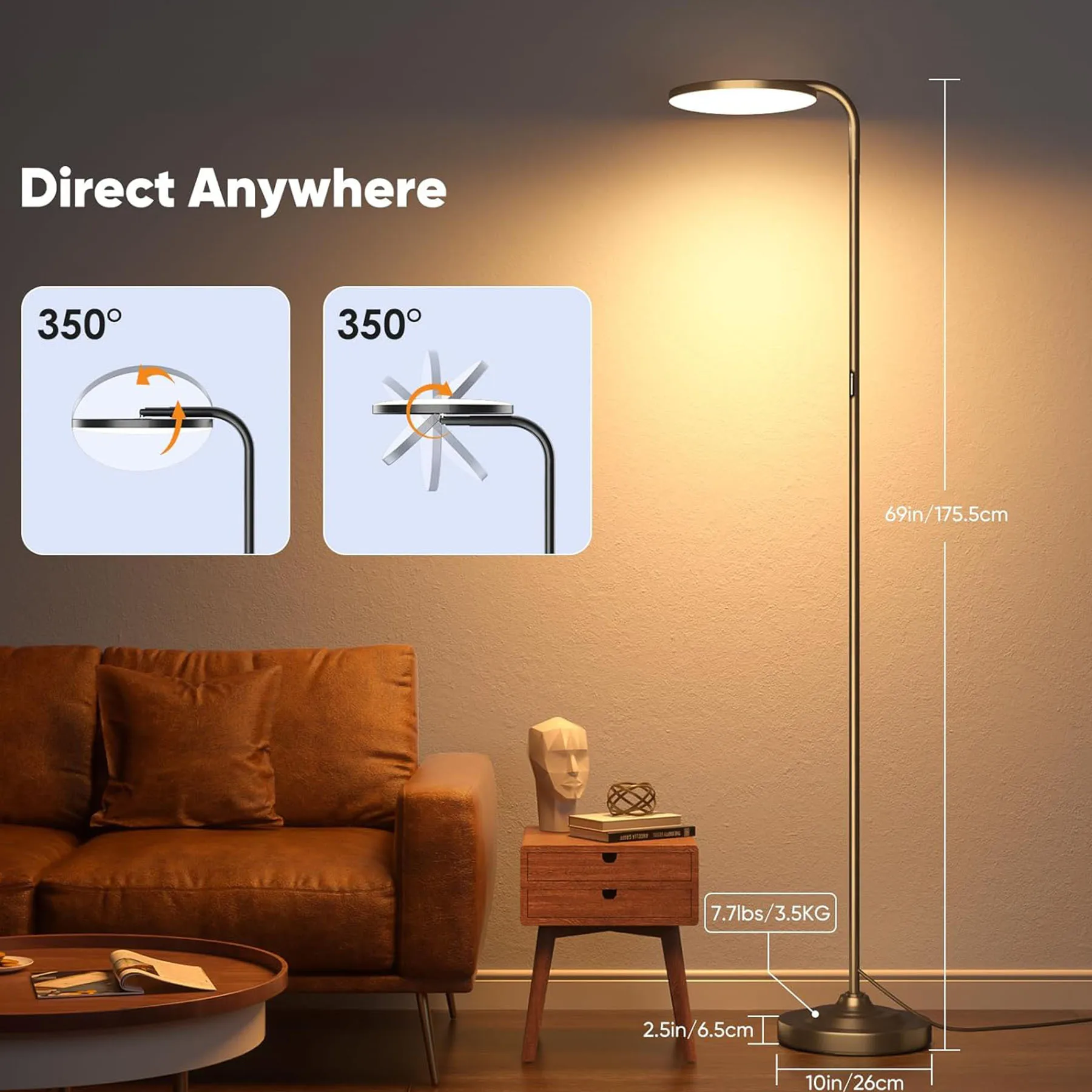 36W LED Floor Lamp, Modern Stepless Dimmable Tall Lamp with Remote Control, 350°Rotating Head Reading Floor Lamp for Living Room