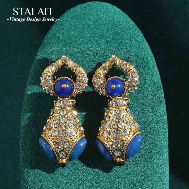 

Vintage Rhinestones Snake Blue Earrings Antique Gold Color Luxury Drop Natural Stone Woman Accessories Jewelry High Quality 2025