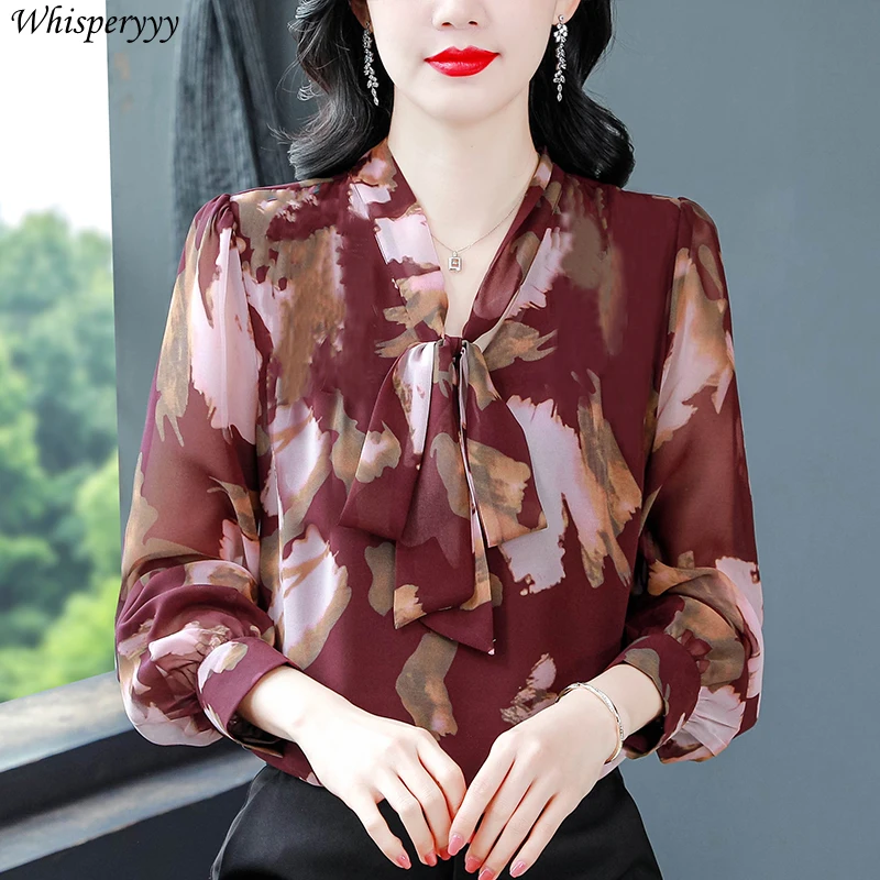 V-neck Bow Shirt Long-sleeved Women's Spring Clothing New Printed Chiffon Tops Female Casual Loose Blusas Femininas Elegantes
