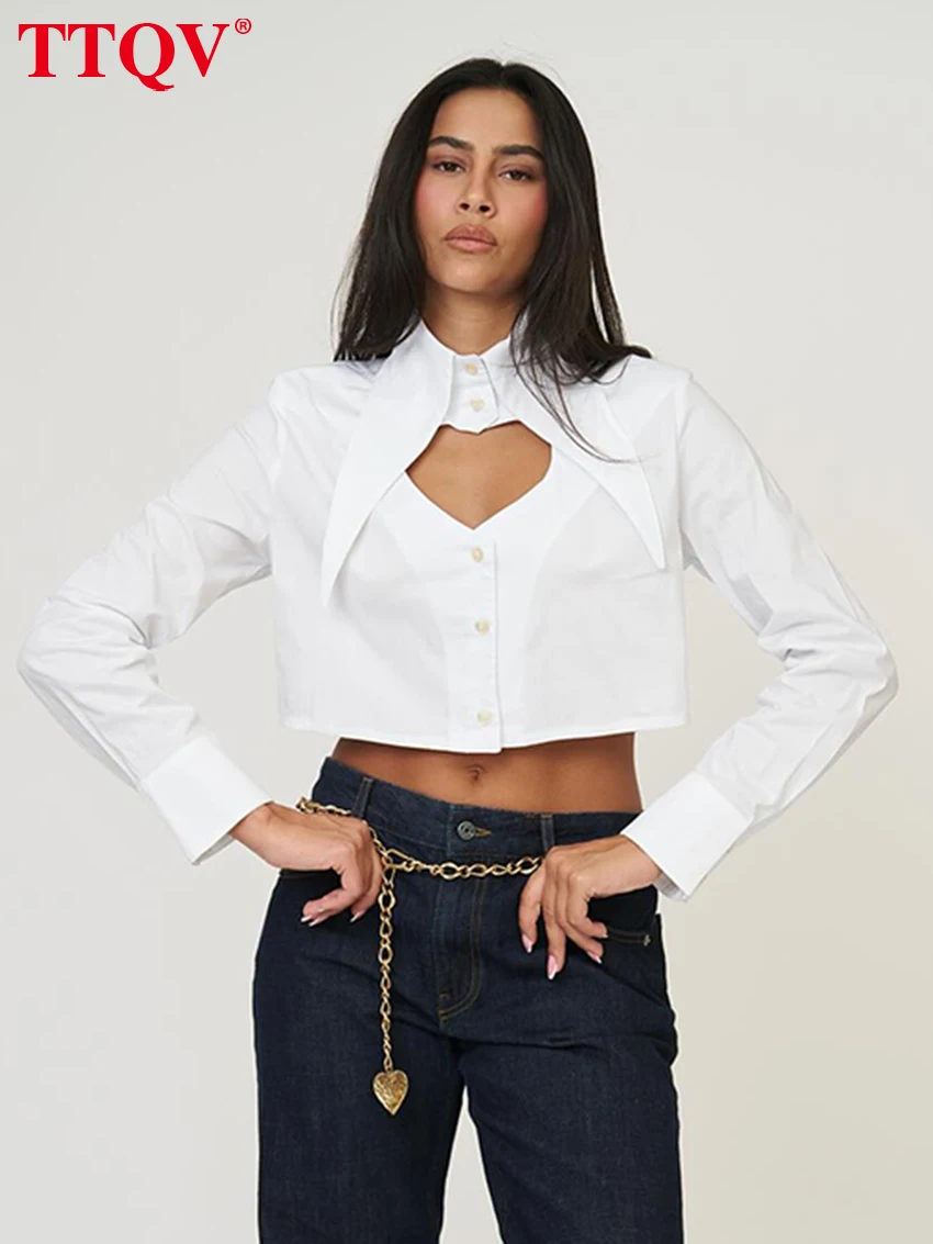 

Модная свободная белая хлопковая женская блузка TTQV 2026: сексуальная, с отложным воротником, длинным рукавом, элегантная, с вырезами, укороченный топ, женская одежда