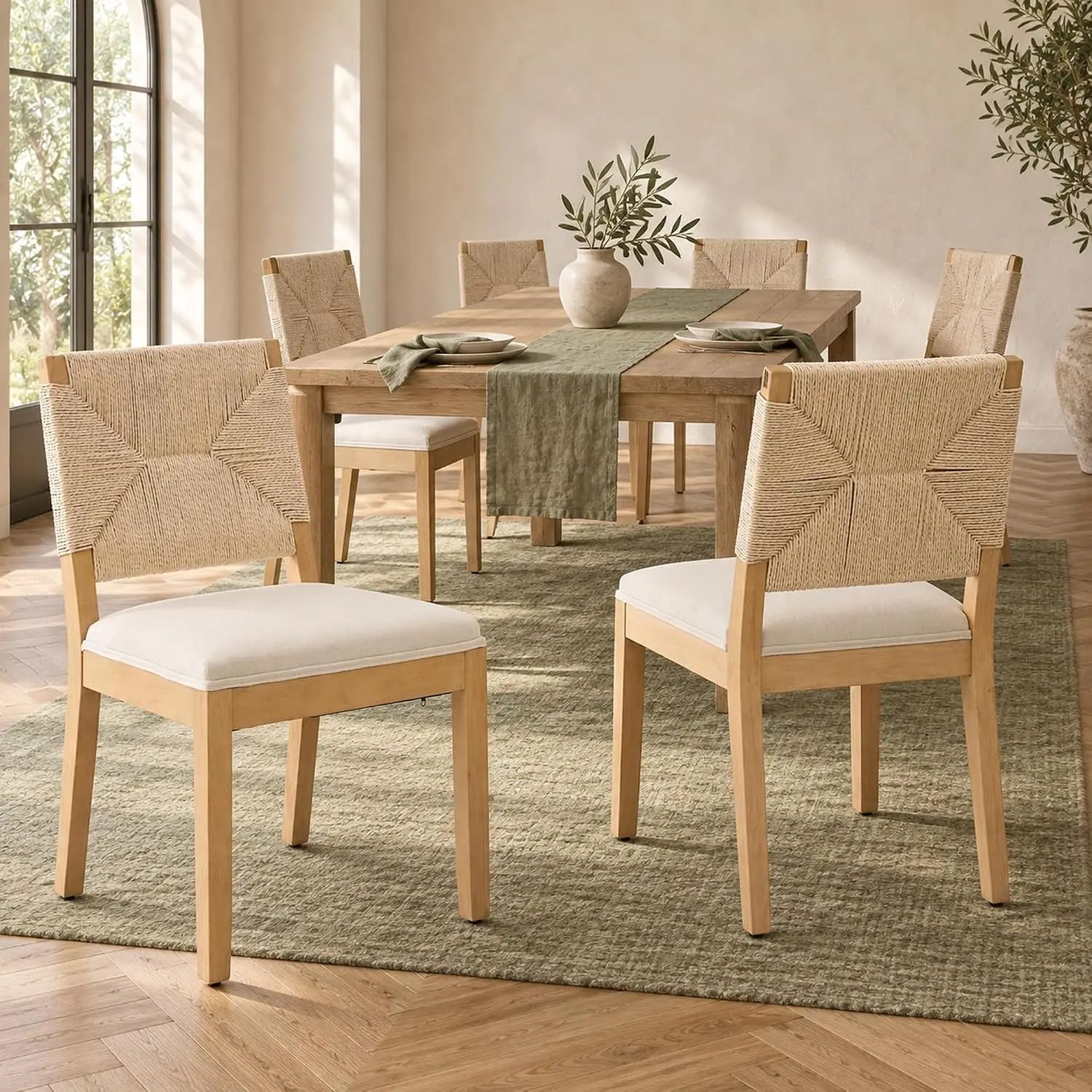 French Country Dining Chair Set 6, Ivory Boho Woven Back, Linen Seat Wood Legs for Kitchen & Dining Room, Beige, Customized