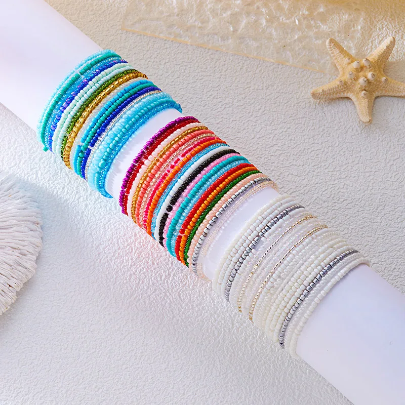 Beaded Bracelets Summer Beach Bohemia Hand Chains Handmade Colorful Seed Bead Stackable Bracelets Set for Women Elastic Stretch
