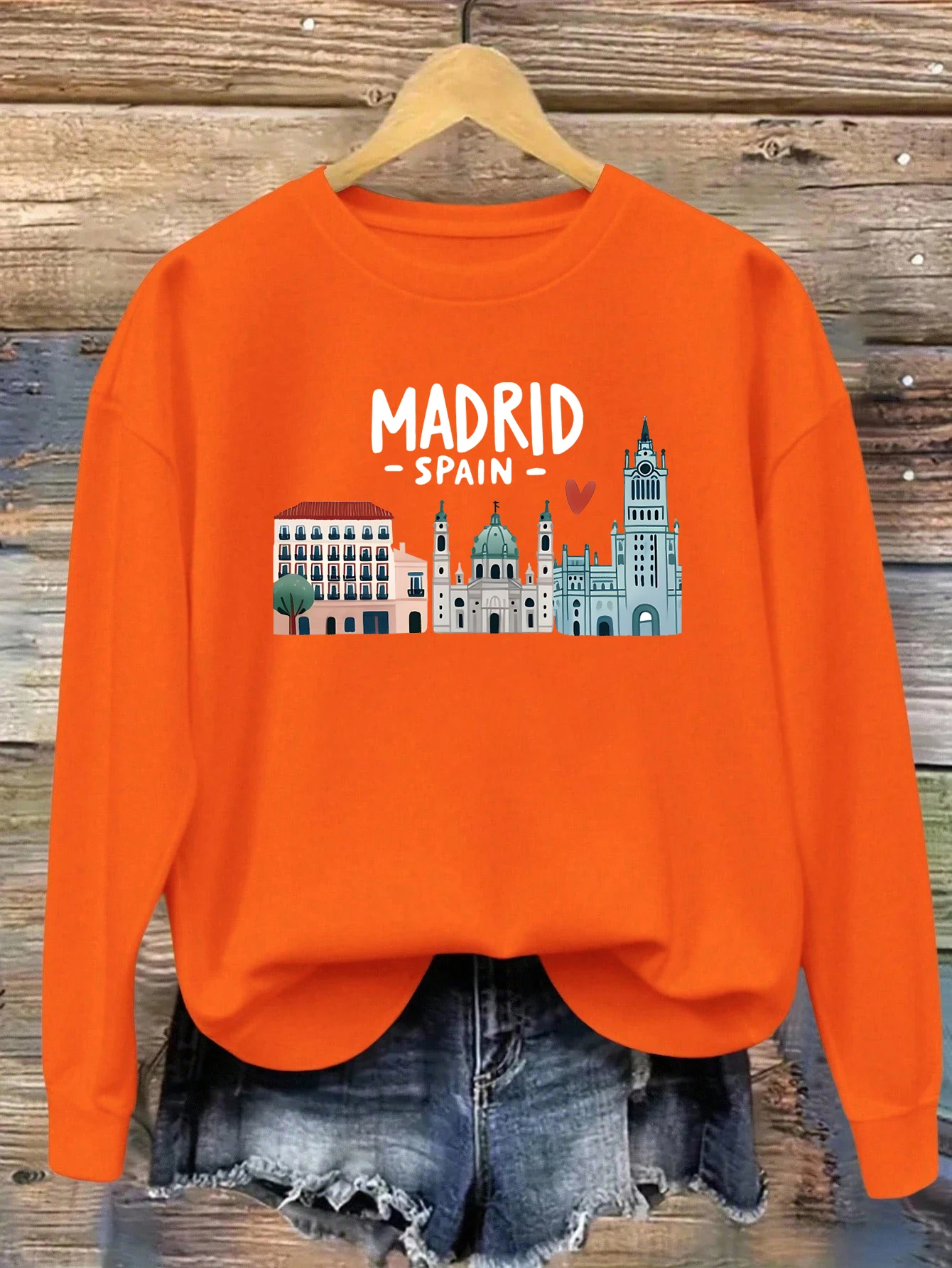 Sudadera con estampado de edificio de Madrid España para mujer, ropa deportiva Y2K que combina con todo, ropa de Hip Hop con cuello redondo, jerséis de lana de otoño